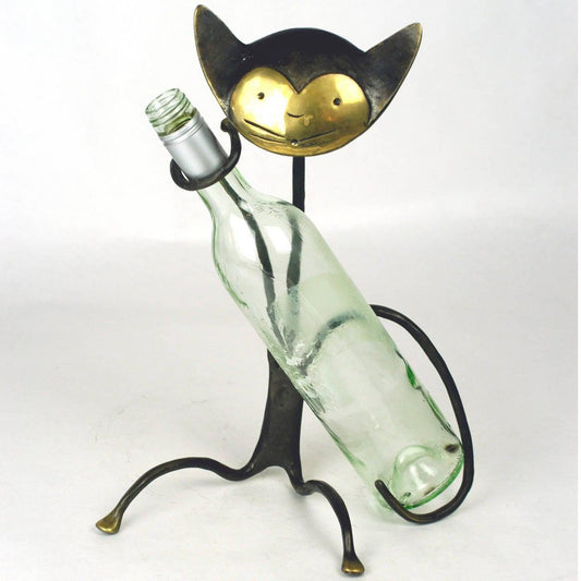 Austrian Mid-Century Brass Cat Wine Bottle Holder by Walter Bosse