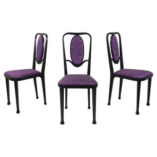 Austrian Modern Chairs 414 in Black Wood & Purple Fabric attributed to Kammerer Thonet, 1990s, Set of 3