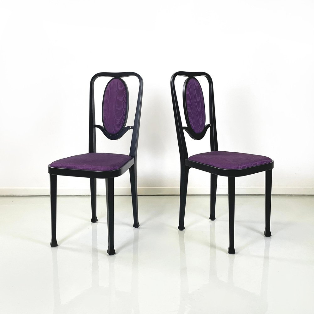 Austrian Modern Chairs 414 in Black Wood & Purple Fabric attributed to Kammerer Thonet, 1990s, Set of 3