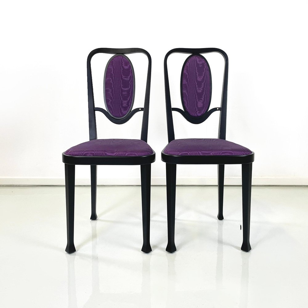 Austrian Modern Chairs 414 in Black Wood & Purple Fabric attributed to Kammerer Thonet, 1990s, Set of 3