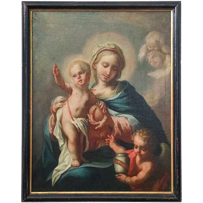 Austrian School Artist, Madonna and Child with St. John & Pomegranate, 18th Century, Oil on Canvas, Framed