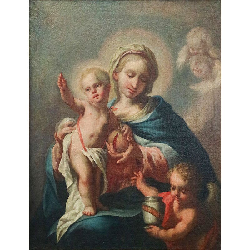 Austrian School Artist, Madonna and Child with St. John & Pomegranate, 18th Century, Oil on Canvas, Framed