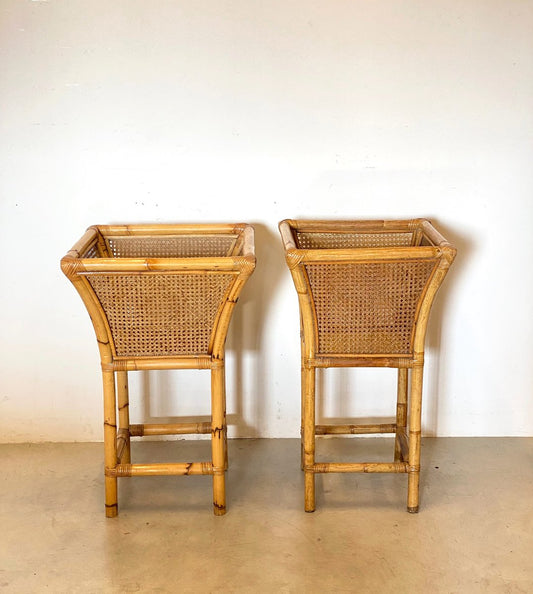 Austrian Straw and Bamboo Side Tables, 1970s, Set of 2