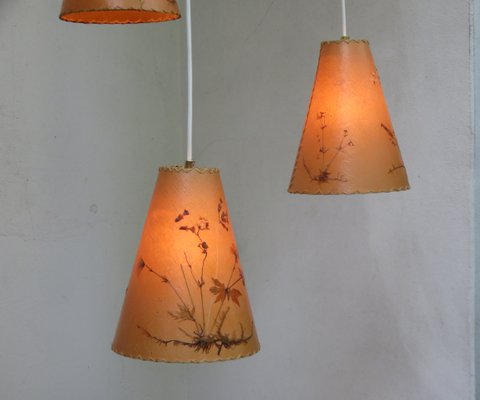 Austrian Wood and Floral Parchment Cascade Ceiling Lamp, 1960s-EY-706364