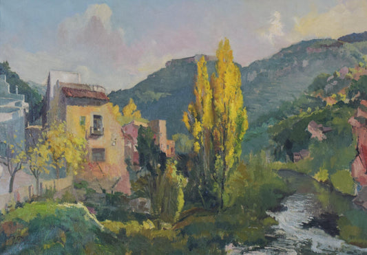 Autumn Landscape with a Riverside Village, 1970, Oil on Canvas, Framed