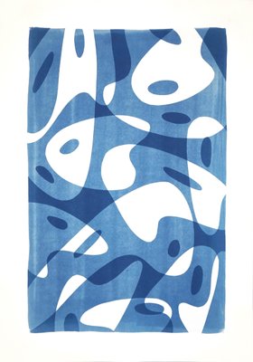 Avant Garde Palette Shapes in Blue Tones, Handmade Monotype on Paper, 2021-RWC-973495