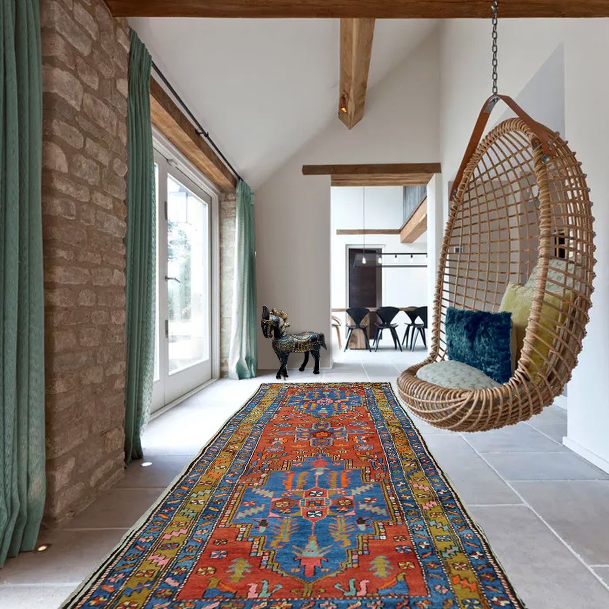 Azerbaijan Runner Rug with 3 Geometric Medallions, 1950s