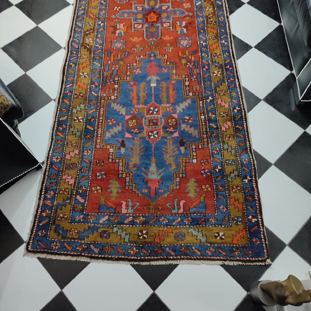 Azerbaijan Runner Rug with 3 Geometric Medallions, 1950s