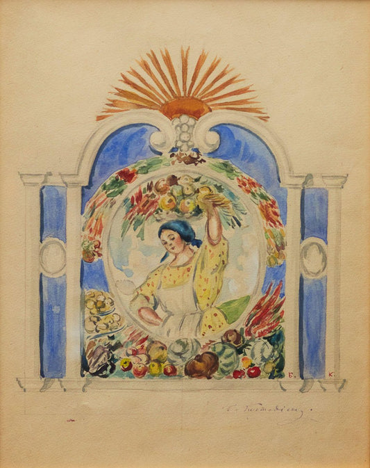 B. Kustodiev, Sketch of the Pavilion or Abundance Panel, 1920s, Watercolor & Pencil, Framed