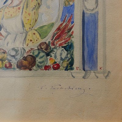 B. Kustodiev, Sketch of the Pavilion or Abundance Panel, 1920s, Watercolor & Pencil, Framed-WMV-1783025