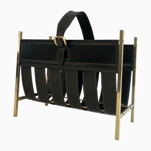 Bag Shape Magazine Rack in Brass and Leather by Jacques Adnet, 1940s-BA-1392726