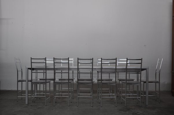 Bagutta Table and Chairs in Aluminum by Opera Design for Ycami, 1980s, Set of 13-KNM-930836