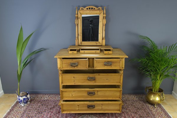 Baltic Art Nouveau Style Pine Chest of Drawers with Mirror-KEG-1135879