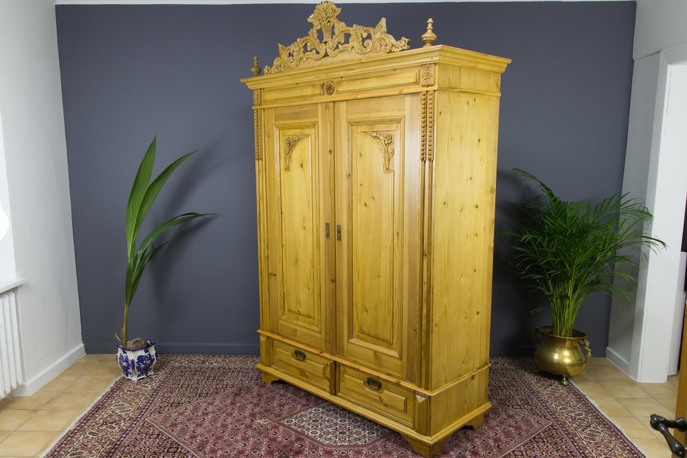 Baltic Pine Two-Door Armoire with Carved Crown, 1920s