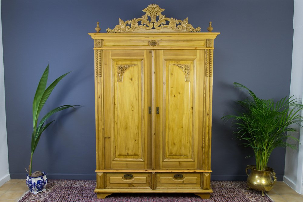 Baltic Pine Two-Door Armoire with Carved Crown, 1920s