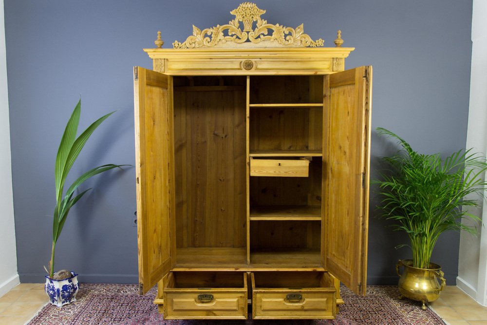 Baltic Pine Two-Door Armoire with Carved Crown, 1920s