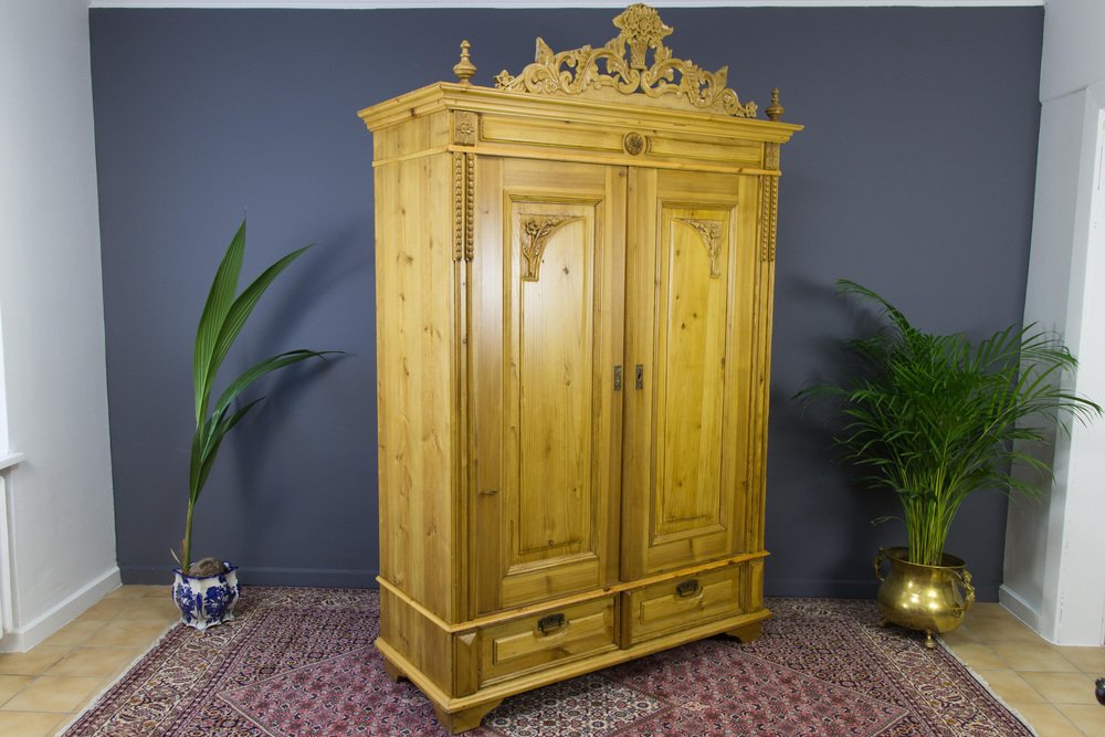 Baltic Pine Two-Door Armoire with Carved Crown, 1920s