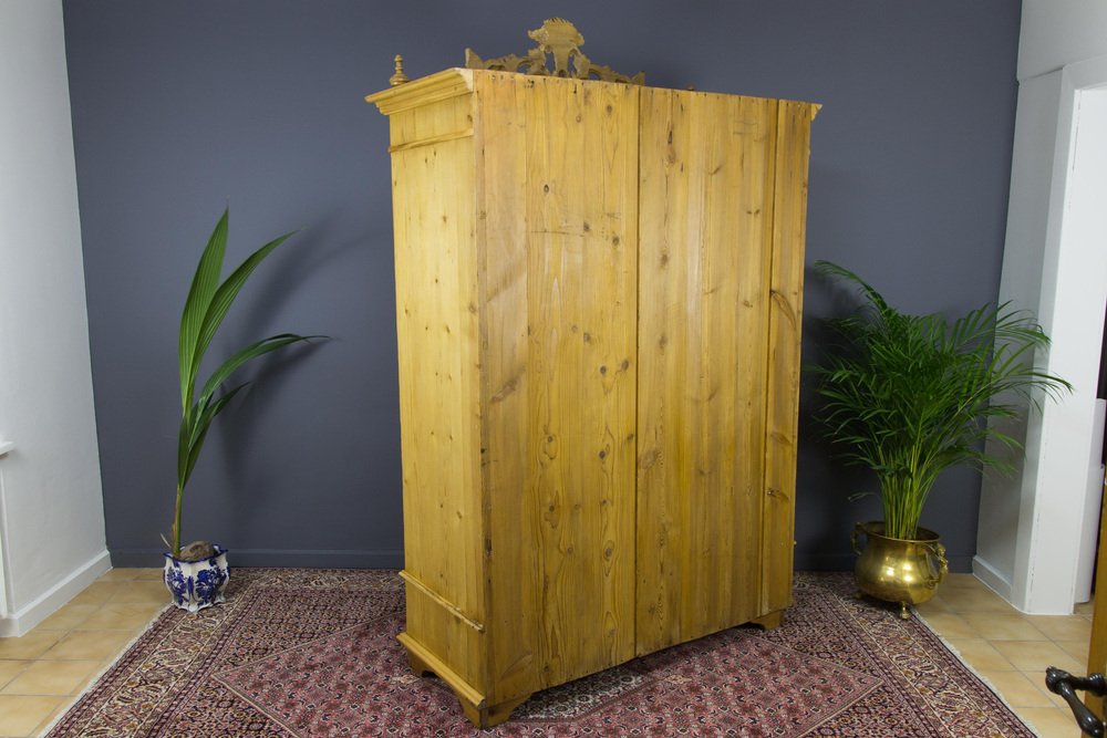 Baltic Pine Two-Door Armoire with Carved Crown, 1920s