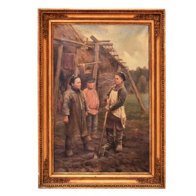 Balunin M.A., Peasant Children, Oil on Canvas, Framed-WMV-1129314