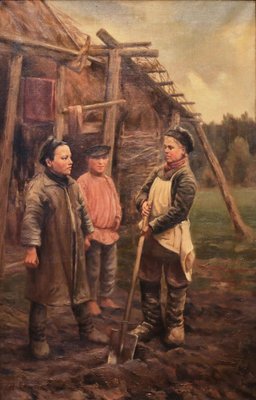 Balunin M.A., Peasant Children, Oil on Canvas, Framed-WMV-1129314