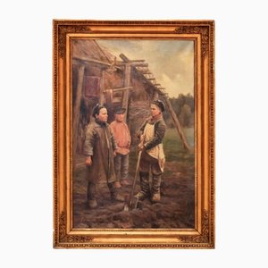 Balunin M.A., Peasant Children, Oil on Canvas, Framed-WMV-1129314