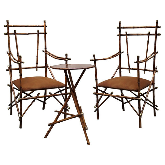 Bamboo and Brass Armchairs and Table, Italy, 1970s, Set of 3