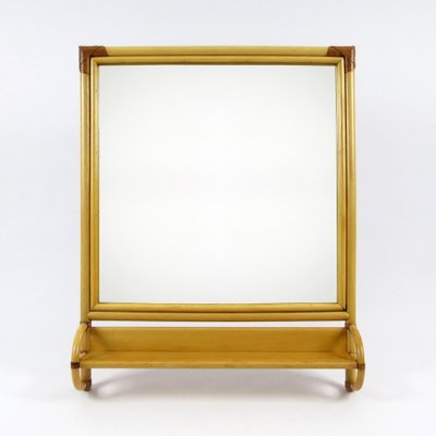 Bamboo and Leather Mirror with Shelf, 1970s-BH-1720628