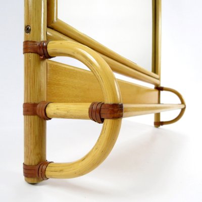 Bamboo and Leather Mirror with Shelf, 1970s-BH-1720628