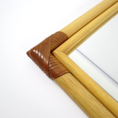 Bamboo and Leather Mirror with Shelf, 1970s-BH-1720628