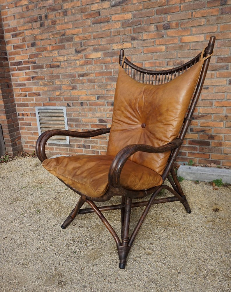 Bamboo and Leather Sculptural Fan Back Lounge Chair, 1960s