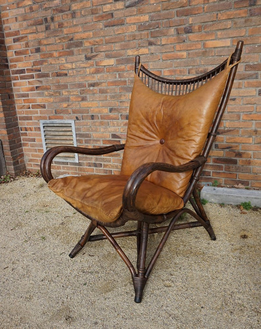 Bamboo and Leather Sculptural Fan Back Lounge Chair, 1960s