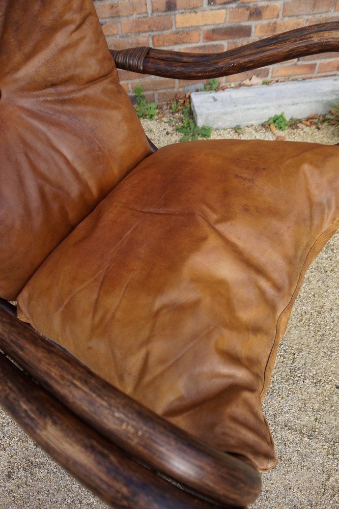 Bamboo and Leather Sculptural Fan Back Lounge Chair, 1960s