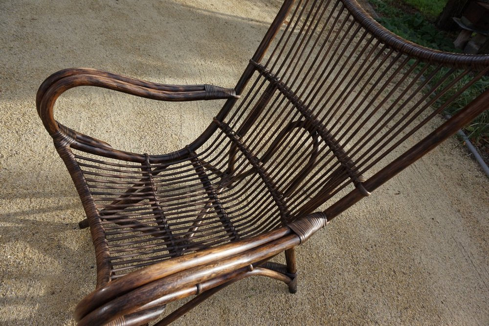 Bamboo and Leather Sculptural Fan Back Lounge Chair, 1960s