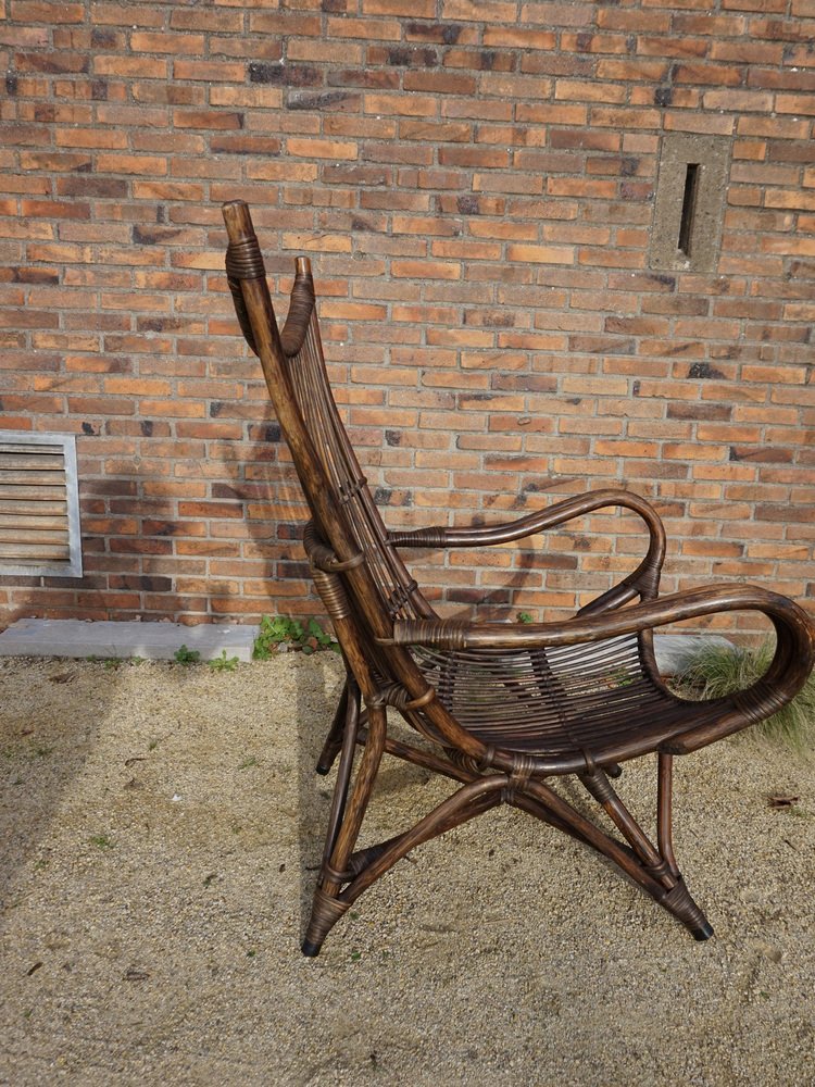 Bamboo and Leather Sculptural Fan Back Lounge Chair, 1960s