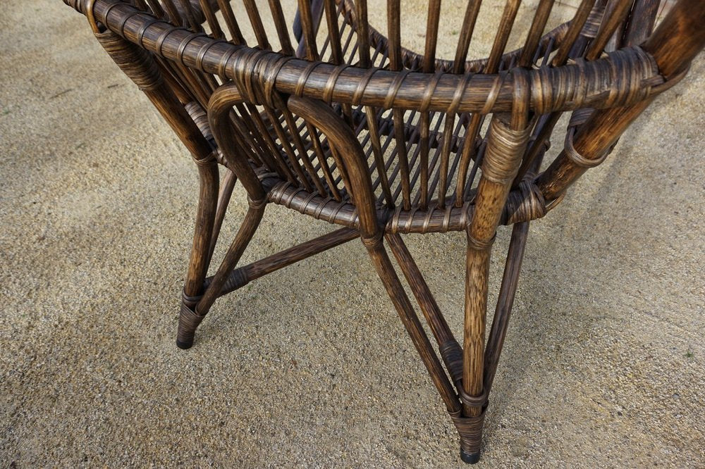 Bamboo and Leather Sculptural Fan Back Lounge Chair, 1960s