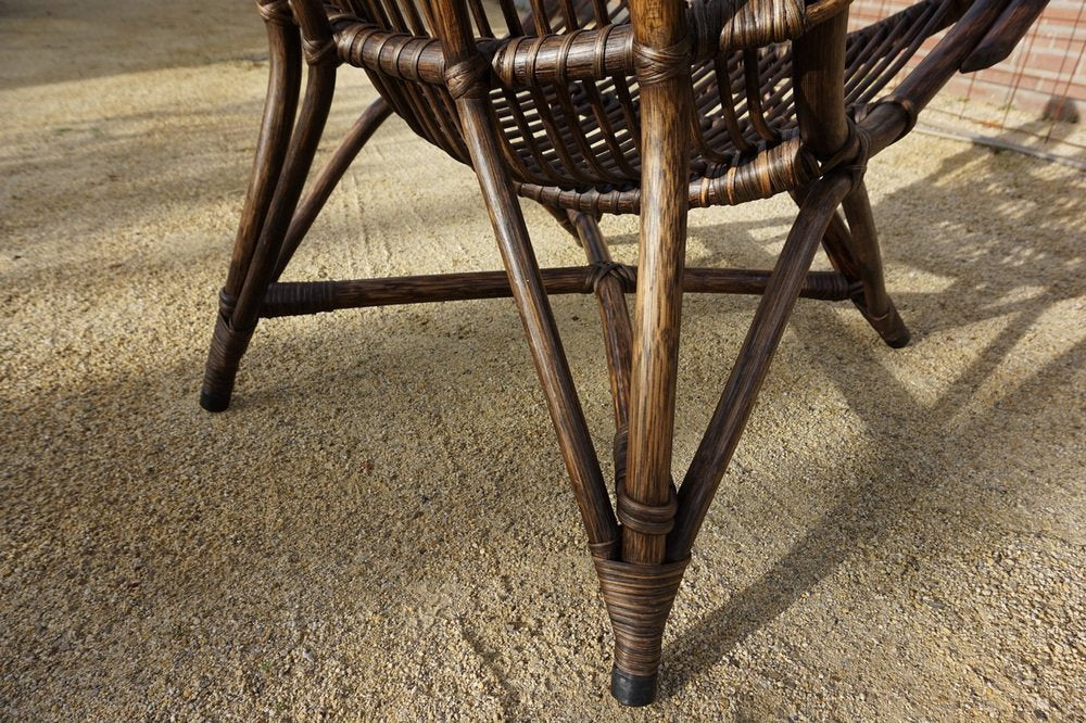 Bamboo and Leather Sculptural Fan Back Lounge Chair, 1960s