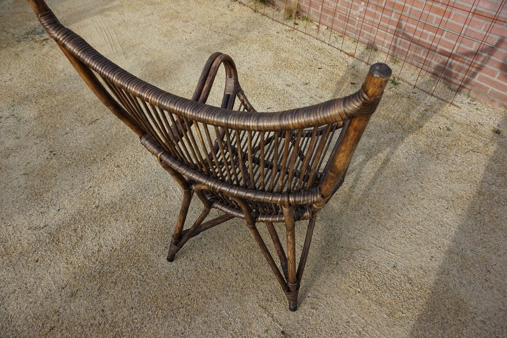 Bamboo and Leather Sculptural Fan Back Lounge Chair, 1960s