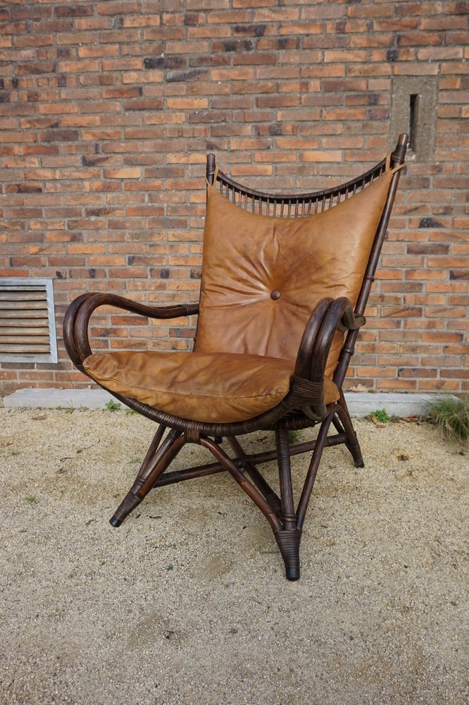 Bamboo and Leather Sculptural Fan Back Lounge Chair, 1960s