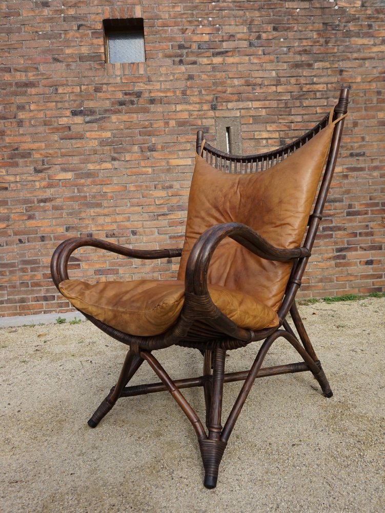 Bamboo and Leather Sculptural Fan Back Lounge Chair, 1960s