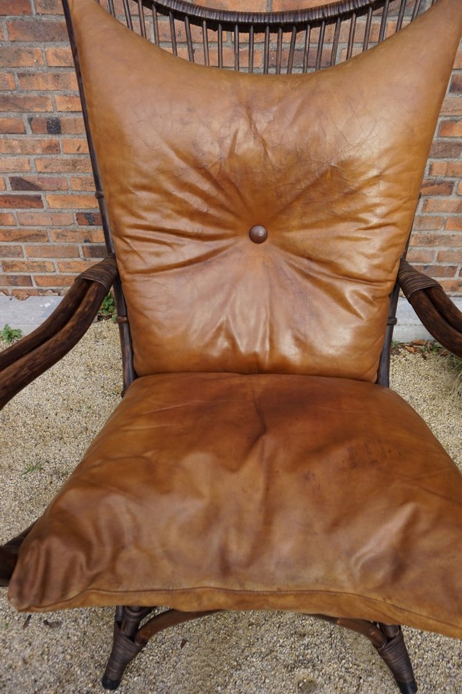 Bamboo and Leather Sculptural Fan Back Lounge Chair, 1960s