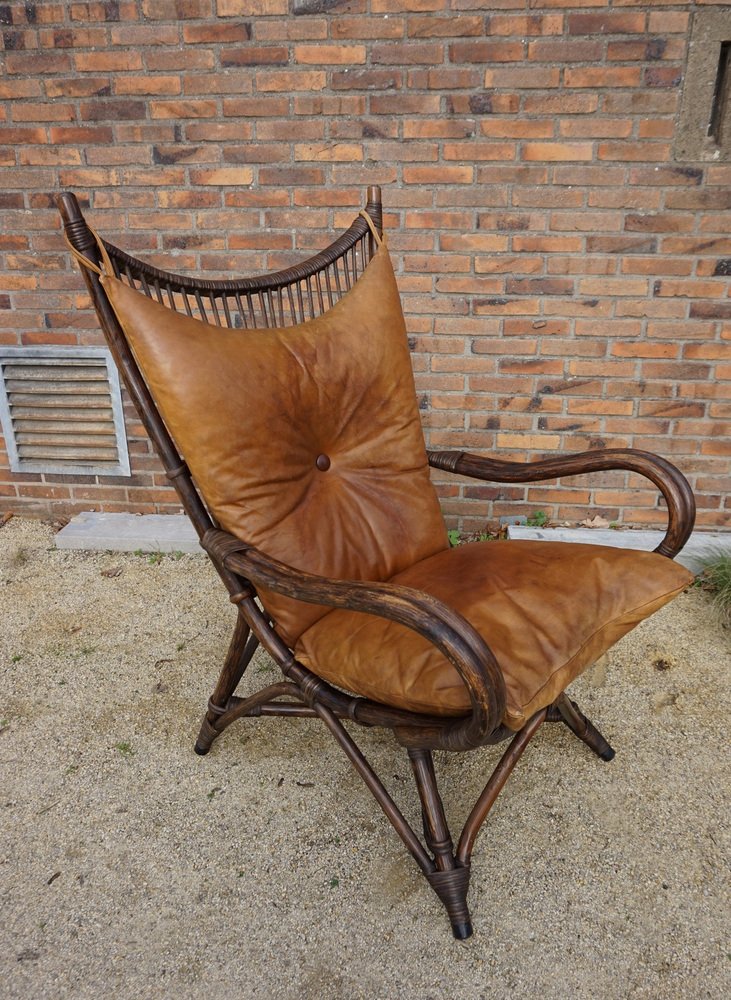 Bamboo and Leather Sculptural Fan Back Lounge Chair, 1960s