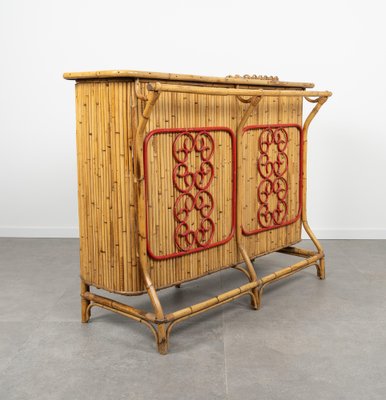 Bamboo and Rattan Cabinet Bar with Stools attributed to Tito Agnoli, Italy, 1950s, Set of 3-LYQ-1804953