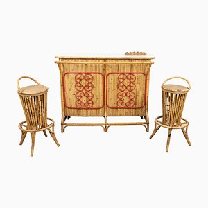 Bamboo and Rattan Cabinet Bar with Stools attributed to Tito Agnoli, Italy, 1950s, Set of 3-LYQ-1804953