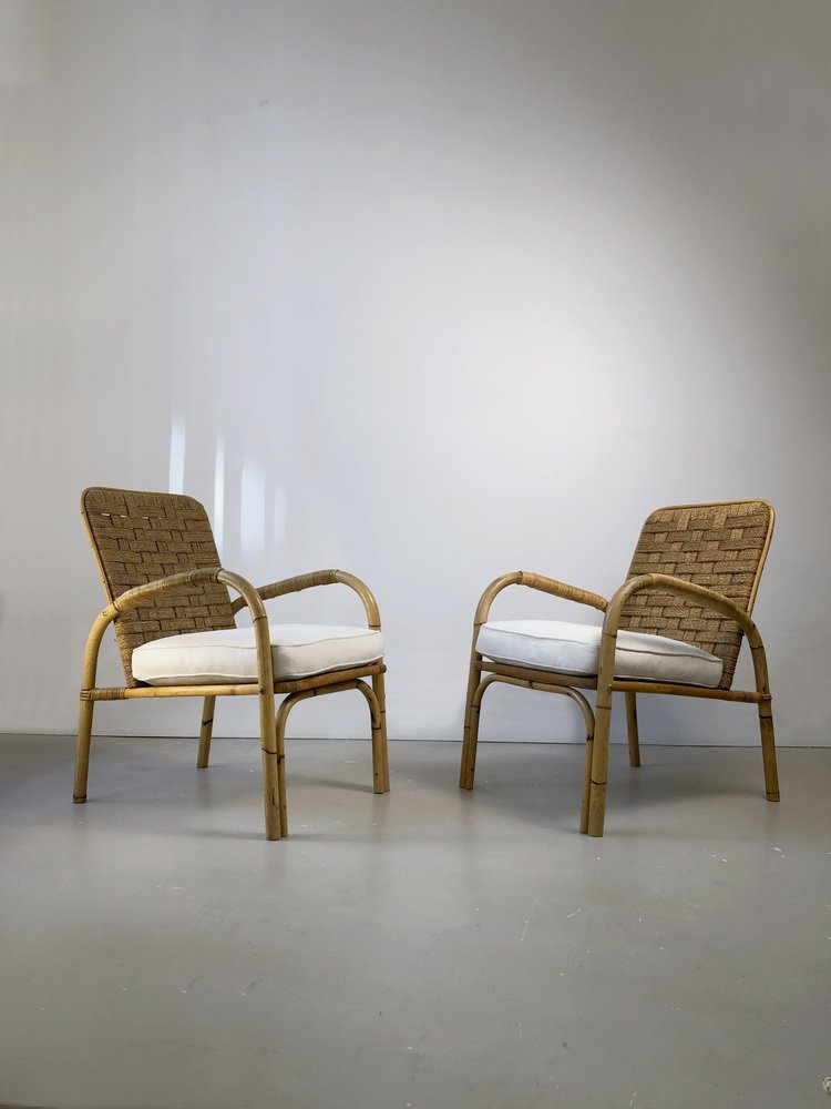 Bamboo and Wicker Armchairs by Adrien Audoux & Frida Minet, France, 1950s, Set of 2