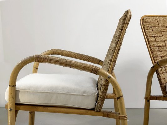 Bamboo and Wicker Armchairs by Adrien Audoux & Frida Minet, France, 1950s, Set of 2