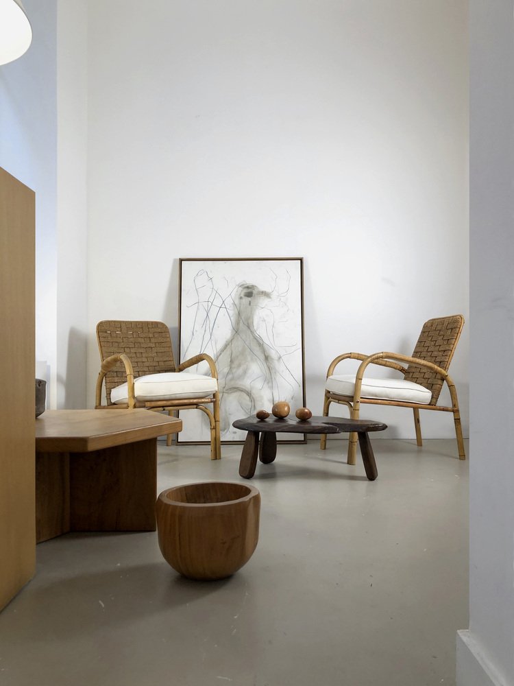 Bamboo and Wicker Armchairs by Adrien Audoux & Frida Minet, France, 1950s, Set of 2