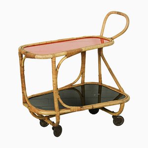 Bamboo Bar Cart Tea Trolley with Black and Red Shelf, 1940s-ZA-1071295