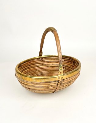 Bamboo & Brass Basket Bowl, Italy, 1970s-LYQ-1171242