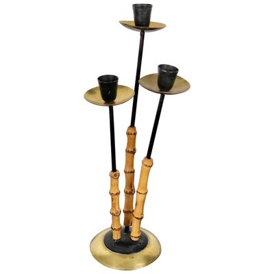 Bamboo & Brass Candleholder, Italy, 1970s-LYQ-1171776