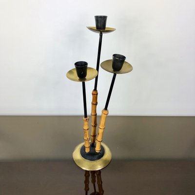 Bamboo & Brass Candleholder, Italy, 1970s-LYQ-1171776